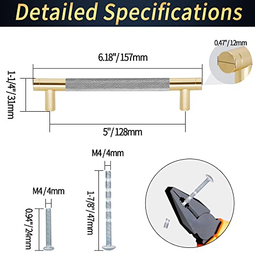 6" Length Knurled Cabinet Pulls 25 Pack - 5" Hole to Hole, Grey & Gold - color: Gray, size: 128mm | 5 inch C/C