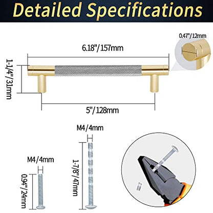 6" Length Knurled Cabinet Pulls 25 Pack - 5" Hole to Hole, Grey & Gold - color: Gray, size: 128mm | 5 inch C/C