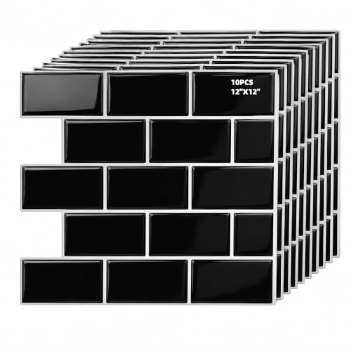 Zimtty Peel and Stick Subway Tile Backsplash for Kitchen Bathroom, Self Adhesive Wall Tiles, 10-Sheet 12"×12" - color: Black