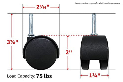 Shepherd Hardware 9406 2-Inch Office Chair Caster, Twin Wheel with Brake, 5/16-Inch Stem Diameter, 75lb Load Capacity, 2-Pack,Black - style: 2" wheel with brake, 5/16" x 1-1/2" grip-neck stem