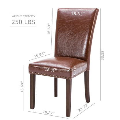 COLAMY Upholstered Parsons Dining Chairs Set of 2, PU Leather Dining Room Kitchen Side Chair with Nailhead Trim and Wood Legs - Light Brown - color: L-lightbrown, size: Set of 2