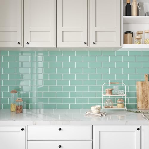 VEELIKE Aqua Green Subway Peel and Stick Backsplash Tile 24 Sheets Back Splashes for Kitchens Peel and Stick Green Wall Tiles 12''x12'' Waterproof Adhesive Backsplash Tiles for Bathroom Laundry Room - size: Box of 24 Tiles