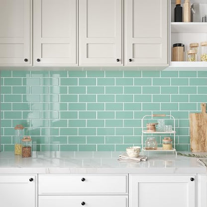 VEELIKE Aqua Green Subway Peel and Stick Backsplash Tile 24 Sheets Back Splashes for Kitchens Peel and Stick Green Wall Tiles 12''x12'' Waterproof Adhesive Backsplash Tiles for Bathroom Laundry Room - size: Box of 24 Tiles