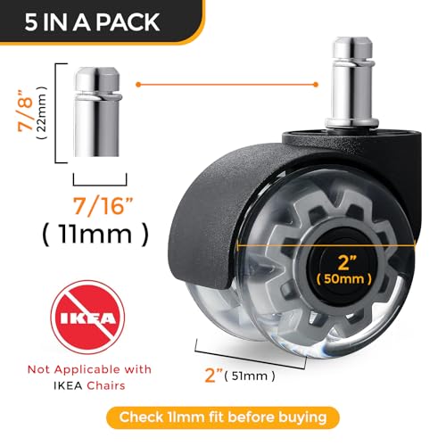 2 inch Office Rubber Chair Wheels, Quiet Replacement 5Pcs Grey - color: Grey