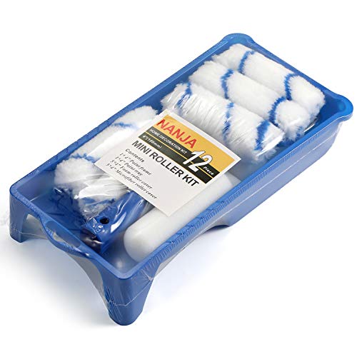 NANJA 4" Foam Paint Roller Kit Mini Roller with Tray, Frame & 12 Refills