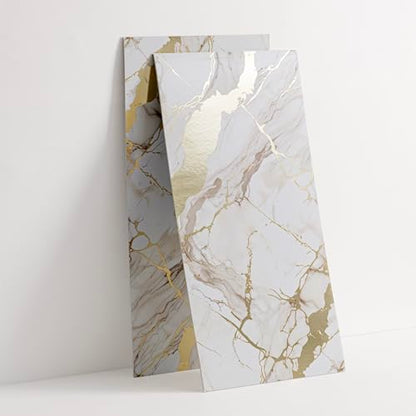 Haimin Wall Panels Peel and Stick 10 Pieces 23.6x11.8in (19.4 Sq. Ft. Coverage) Lightweight Backsplash Marble Look Tile (not Real Marble) Ideal for Kitchen Bathrooms Living Rooms Bedrooms - color: White Gold-03