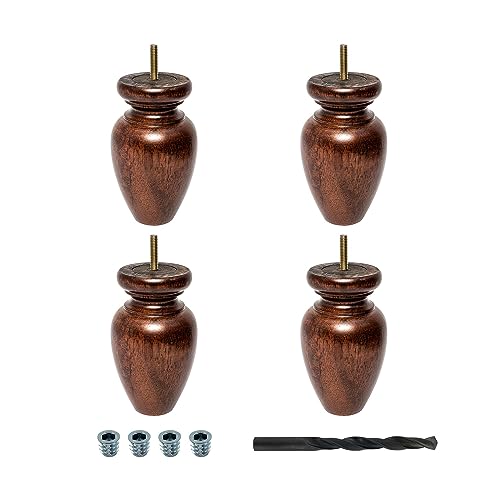 OUTWATER 5-1/2 in. H x 3-1/4 in. Dia Stained Cherry Solid Hardwood Bun Foot Leg for Furniture 4 Pack with 4 Free Insert Nuts and Drill Bit - color: Cherry