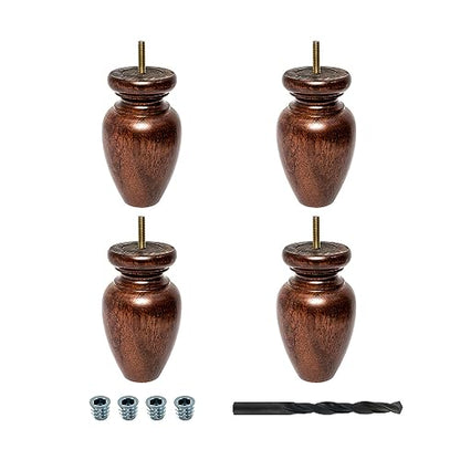 OUTWATER 5-1/2 in. H x 3-1/4 in. Dia Stained Cherry Solid Hardwood Bun Foot Leg for Furniture 4 Pack with 4 Free Insert Nuts and Drill Bit - color: Cherry