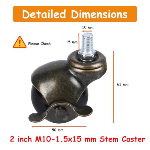 2 Inch Stem Ball Casters with Brake, M10 x 15 MM, Set of 4 Antique Brass - color: Antique Brass, size: M10 x 15 MM