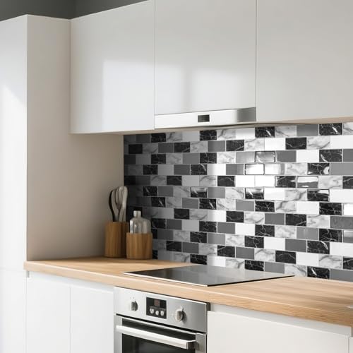 Art3d 10-Pack Marble Wall Tiles Peel and Stick Backsplash, Black White Grey - color: White Grey Marble