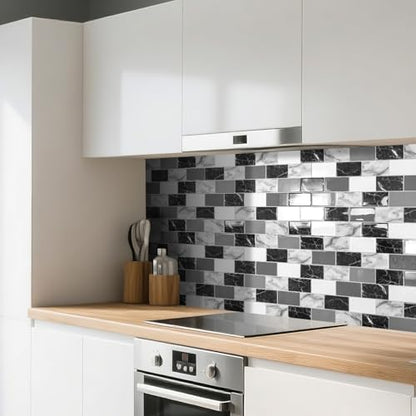 Art3d 10-Pack Marble Wall Tiles Peel and Stick Backsplash, Black White Grey - color: White Grey Marble