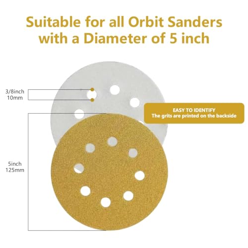 105 PCS 5 Inch Sanding Discs, 60/80/120/150/220/320/400 Grit 8-Hole, Round Hook and Loop Sandpaper for Random Orbital Sander (Mixed Grits-105) - size: Mixed Grits-105