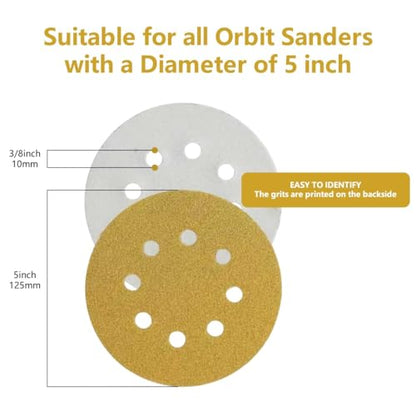 105 PCS 5 Inch Sanding Discs, 60/80/120/150/220/320/400 Grit 8-Hole, Round Hook and Loop Sandpaper for Random Orbital Sander (Mixed Grits-105) - size: Mixed Grits-105