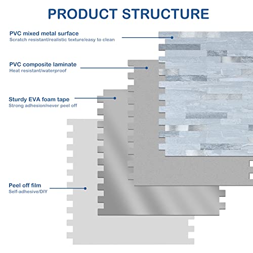 Midcard 10 Sheets Peel and Stick Backsplash PVC Wall Tile,for Kitchen Backsplash - color: Rectangular Light Blue with Metallic Silver