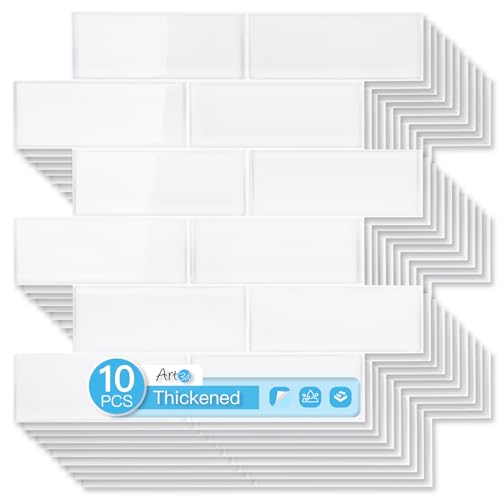 Art3d Subway Design Wall Tile, Peel and Stick Backsplash, 10-Pack, White - color: White