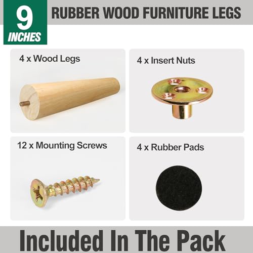 FoDau770 Rubber Wood Legs 9", Straight Taper, 5/16"-18 Thread, 4pcs - color: Varnish, size: 9 Inch - Straight (90°)