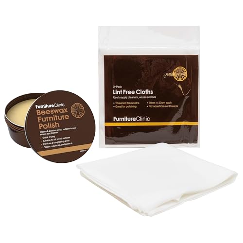 Furniture Clinic Premium Beeswax Polish (6.8oz/200ml) + Lint Free Cotton Cloths | Condition, Restore, Protect, & Waterproof Wood Furniture | Easily Remove Build Up, Grease and Dust
