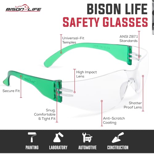 BISON LIFE Clear/Green Safety Glasses for Men & Women, ANSI Z87.1, 6 Pack - color: Clear/Green