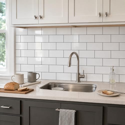 StyloVue 100 Pieces Peel and Stick Backsplash for Kitchen, 3" x 6" PVC Subway Tile, Glossy White with Dark Gray Grout, Self Adhesive Stick on Wall Tiles for Kitchen, Bathroom, Fireplace, RV - color: Glossy White