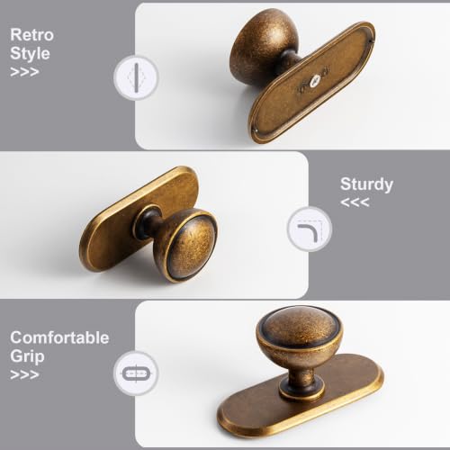 6Pack Antique Brass Cabinet Knob with Backplate Round Drawer Knob - color: Antique Brass, style: Racetrack