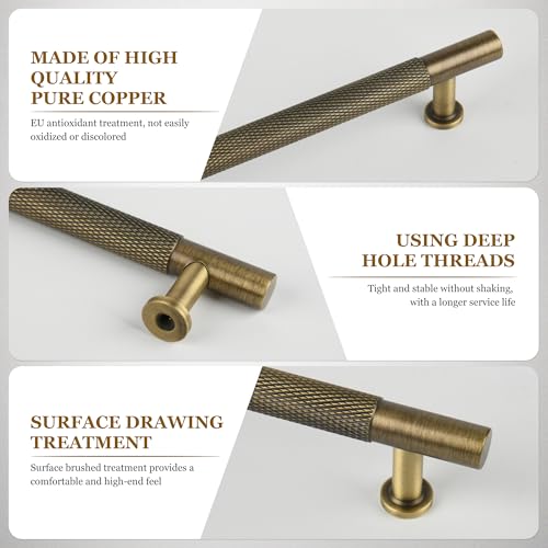 6-1/4" Knurled Solid Brass Cabinet Pulls, Antique Brass 5-Pack - color: Antique Brass, size: 6-1/4 Inch Hole Center