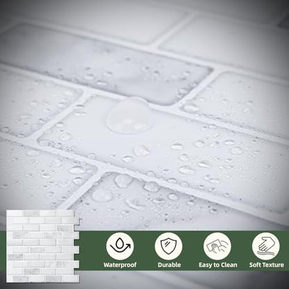 LONGKING Peel and Stick Subway Tile Backsplash for Kitchen, Vertical Strip Design, White Marble Tile, Waterproof Wall Sticker for Kitchen & Bathroom - color: Brick White Marble