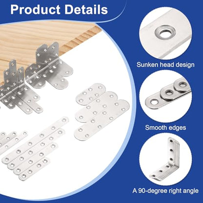 HARFINGTON 4pcs Straight Bracket 3.3" x 1.5" Stainless Steel Flat Fixing Brackets Mending Plate Corner Brace Connector with 24 Screws for Wood Board Bed Frame Furniture Shelves, Silver - size: 3.3" x 1.5"