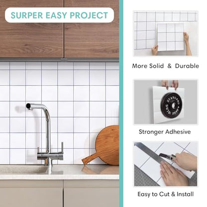 Commomy Thicker Black Peel and Stick Tiles 10 pcs of 12" x 12" - color: White With Grey Grout