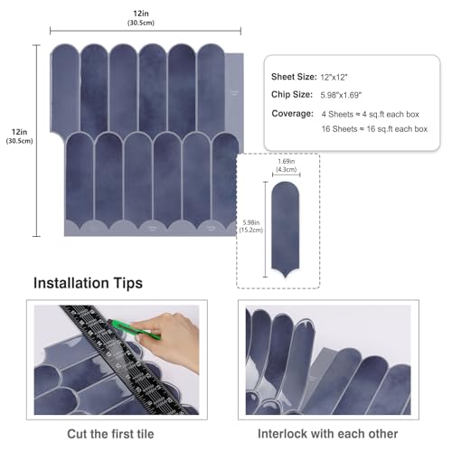 CRE8TIVE 4 Sheets Haze Blue Peel and Stick Backsplash for Kitchen Back Splash Stick on Tile Waterproof Long Fish Scale Tile Sticker Self Adhesive Peacock Feather Tile for Bathroom Laundry Room 12"x12" - size: 12"x12" (4-Sheets)