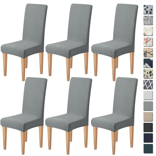 Dioxide Stretch Chair Covers for Dining Chairs, Washable Dining Chair Covers Set of 6, Kitchen Chairs Seat Covers, Jacquard Parson Chair Slipcover Protectors for Home Hotel Restaurant Banquet - color: Grey-yml, size: 6PCS