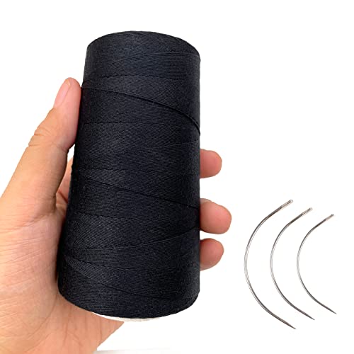 Thick Polyester Thread for Wig Making & Hair Extension Sewing, Black, 3 Pcs Curved Needles - color: Black