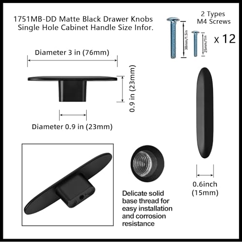 Goo-Ki 6 Pack Large Matte Black Drawer Knobs Kitchen Cabinet Knob Hardware - 3" Full Length Single Screw/Hole Zinc Alloy Black Cabinet Handles Solid Drawer Pulls - color: Matte Black, size: 3" Full Length