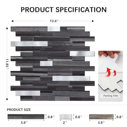 Midcard 10 Sheet Peel and Stick Backsplash Tile, Stick on Tiles for Backsplash Kitchen, Bathroom, Laundry Room, Camper, Fireplace. - color: 20Trapezoidal Black Grey Wood with Metal Silver