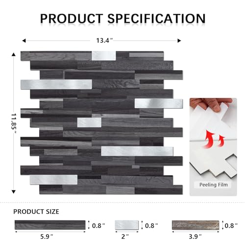 Midcard 10 Sheet Peel and Stick Backsplash Tile, Stick on Tiles for Backsplash Kitchen, Bathroom, Laundry Room, Camper, Fireplace. - color: 20Trapezoidal Black Grey Wood with Metal Silver