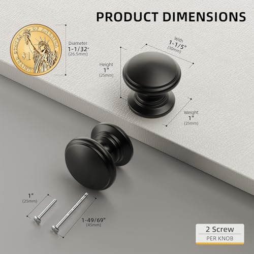 Goldenwarm Cabinet Knobs, Black Dresser Knobs 1-1/5 Inch 25 Pack Round Kitchen Hardware, Solid Zinc Alloy, Single Hole, Screws Included, Drawer Knob for Cupboard Dresser Bathroom Vanity - color: Black