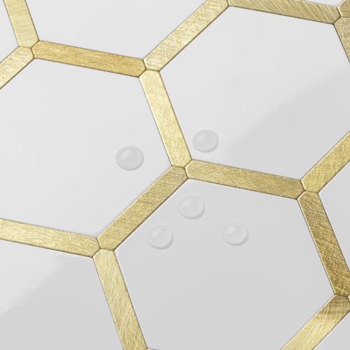 DICOFUN 1 Sheet Hexagon Peel and Stick Backsplash Tile, Polished White Tile Look Mixed Gold Kitchen Backsplash Peel and Stick Wall Tiles - color: White Tile + Gold Metal Frame, size: 1 Sheet, 12''x12''x0.12''