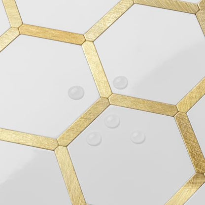 DICOFUN 10-Sheet Hexagon Peel and Stick Backsplash Tile, Polished White Tile Look Mixed Gold Kitchen Backsplash Peel and Stick Wall Tiles - color: White Tile + Gold Metal Frame, size: 10 Sheets, 12''x12''x0.12''