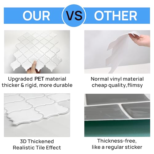 Arabesque Peel and Stick Backsplash for Kitchen, Thicker Design 3D Self Adhesive Wall Tile, 12"x12" Peel and Stick Wall Tiles, 10-Sheet Stick on Tiles for Kitchen and Bathroom (White) - color: White
