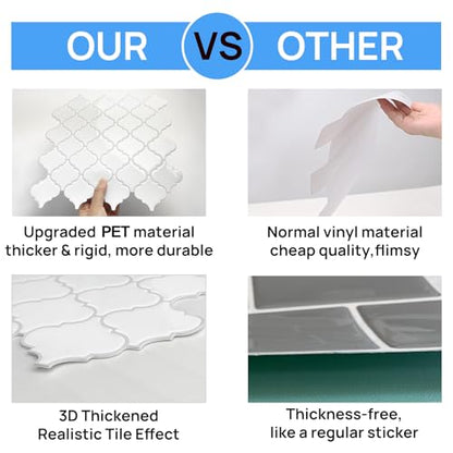 Arabesque Peel and Stick Backsplash for Kitchen, Thicker Design 3D Self Adhesive Wall Tile, 12"x12" Peel and Stick Wall Tiles, 10-Sheet Stick on Tiles for Kitchen and Bathroom (White) - color: White