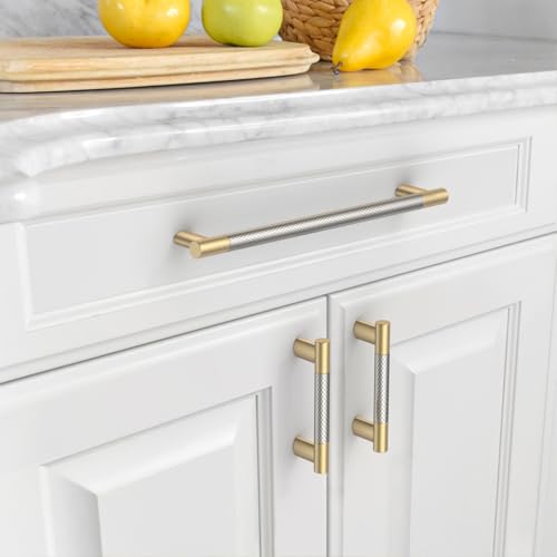 Asidrama 10 Pack 7.5 Inch(192mm) Knurled Gold and Brush Satin Nickel Kitchen Cabinet Handles, Cabinet Pulls Kitchen Cabinet Hardware Cupboard Handles Drawer Pulls 4496A - color: Gold-Nickel, size: 7.5" Hole Center(192mm)
