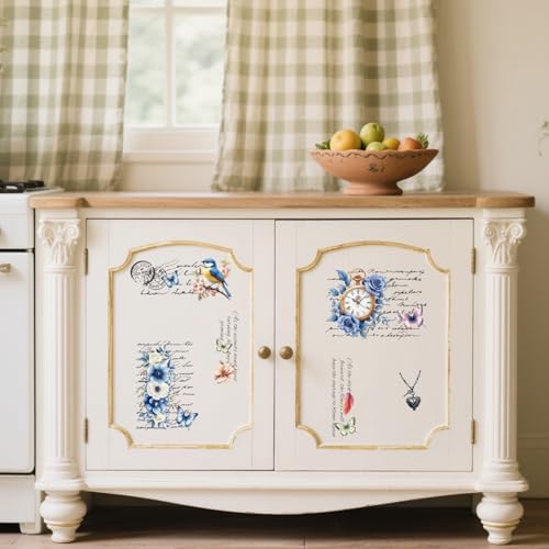 Peacoblue Clock Flowers Bird Rub On Transfers for Furniture Craft 6"x12" - style: Clock Flowers Bird