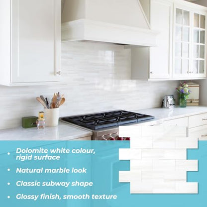 STICKGOO 10-Sheet Subway Tile Peel and Stick Wall Tiles, Seamless Design Polished Dolomite Kitchen Backsplash, PVC Stick on Tiles for Kitchen, Bathroom, RV, Fireplace - color: Polished Glossy Dolomite