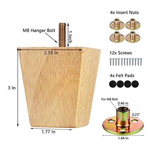 Maricome 3 Inch Furniture Legs Pre-drilled M8 Bolt Replacement Sofa Couch Feet Set of 4 Square Tapered Solid Wood Screw in - size: 3 Inch Natural