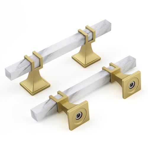 Rergy 10 Pack Cabinet Handles, White Marble & Matte Gold Pulls, 3" - color: White Marble & Matte Gold &Square, size: 3 inch (76mm) Hole Center