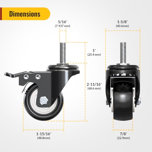 HOLKIE Caster Wheels 2 inch Total Locking Stem Casters, 5/16" -18 x 1" (Stem Diameter 5/16", Stem Length 1") Threaded Stem Casters Swivel Casters Set of 4 Heavy Duty Castors Black - size: 2 Inch-Black-With Brake (5/16" -18 x 1")