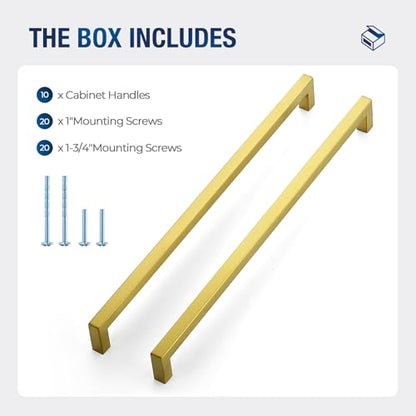 JOY DECOR Gold Cabinet Handles Square Cabinet Pulls 13-4/5 Inch CC, 10 Pack - size: 13-4/5 Inch Hole Center