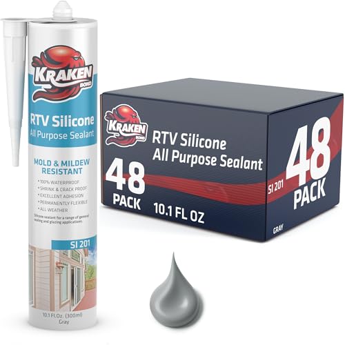 Kraken Bond RTV Silicone Sealant Gray (48 x 10.1 fl.oz.)%100 Waterproof Silicone Caulk Kitchen and Bathroom, All Purpose, Window Caulking Sealant Outdoor, RV, 48 Pack