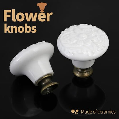 Ceramic Cabinet Knobs, Embossed Floral Design - White, 20pcs - color: White