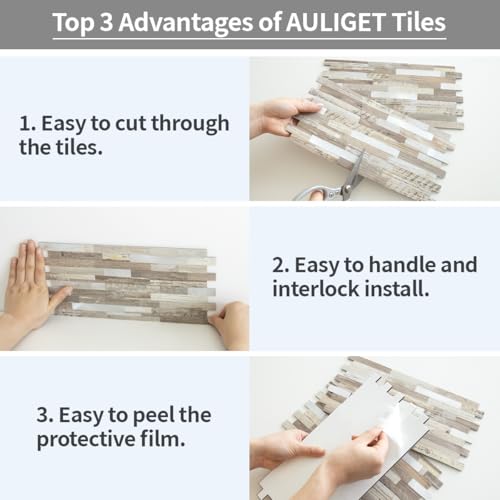 AULIGET Peel and Stick Backsplash, Beige Wood Look PVC Mixed Metal Stick on Bathroom Backsplash, 2 - color: Beige Wood + Metal Silver, size: 2 Sheets, 6"x12"x0.12"