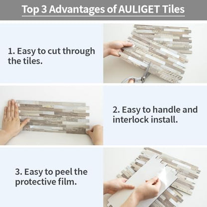 AULIGET Peel and Stick Backsplash, Beige Wood Look PVC Mixed Metal Stick on Bathroom Backsplash, 2 - color: Beige Wood + Metal Silver, size: 2 Sheets, 6"x12"x0.12"